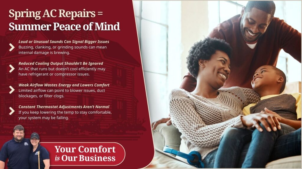This is an image of a happy family, enjoying their home. The headline read spring AC repairs equals summer peace of mind.