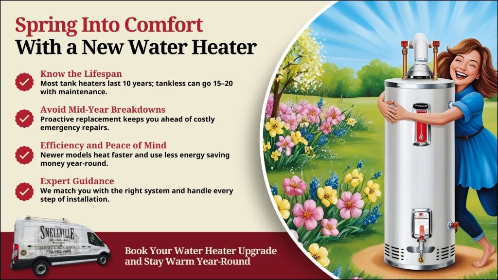 This is an image of a woman hugging a new hot water heater. The headline read spring into comfort with a new water heater.
