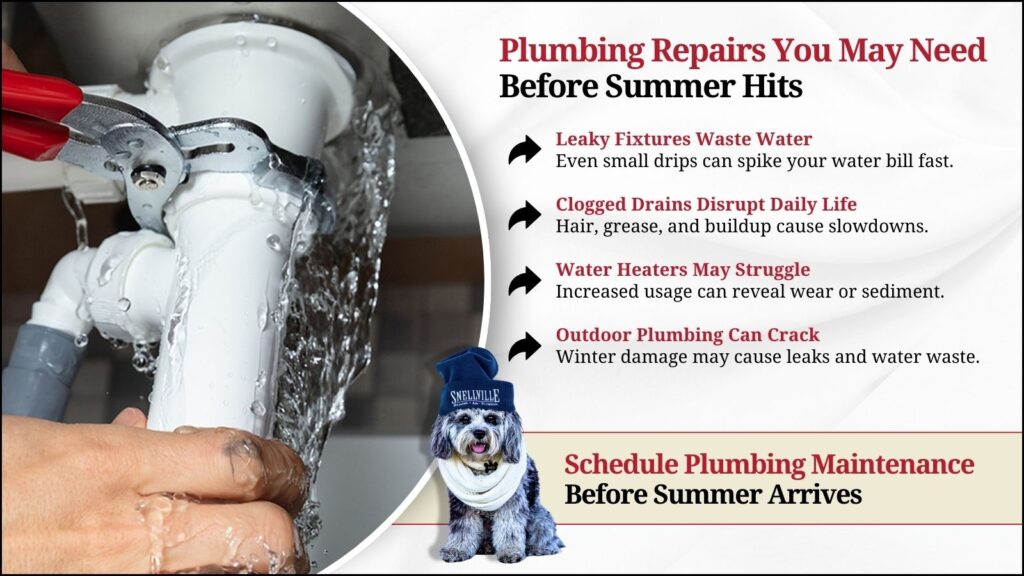 This is an image of a plumber, fixing a leaking faucet drain the headline reads plumbing repairs you may need before summer hits