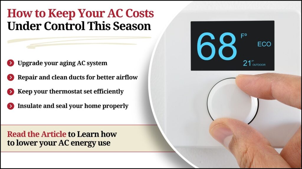 This is an image of someone adjusting their thermometer or the headline reads how to keep your AC cost under control this season