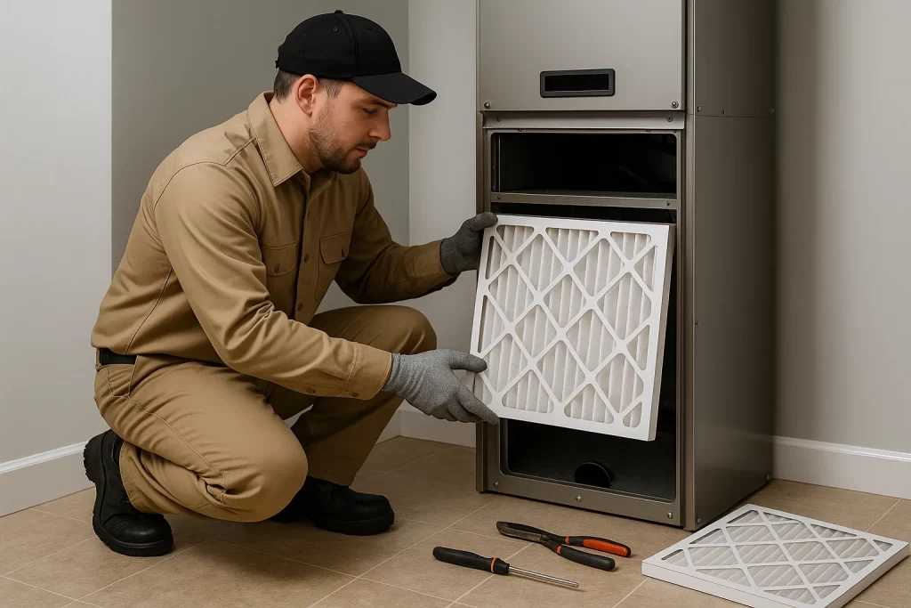 Technician replacing MERV 13/HEPA filter at air handler with tools