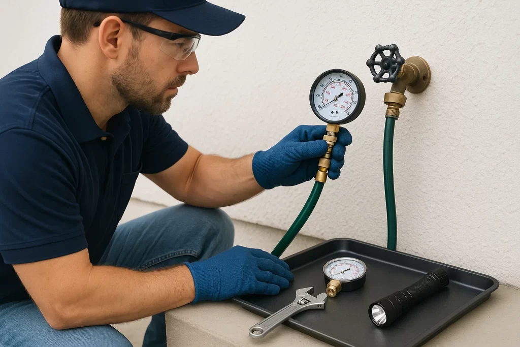 Technician measuring water pressure at outdoor hose bib with gauge.