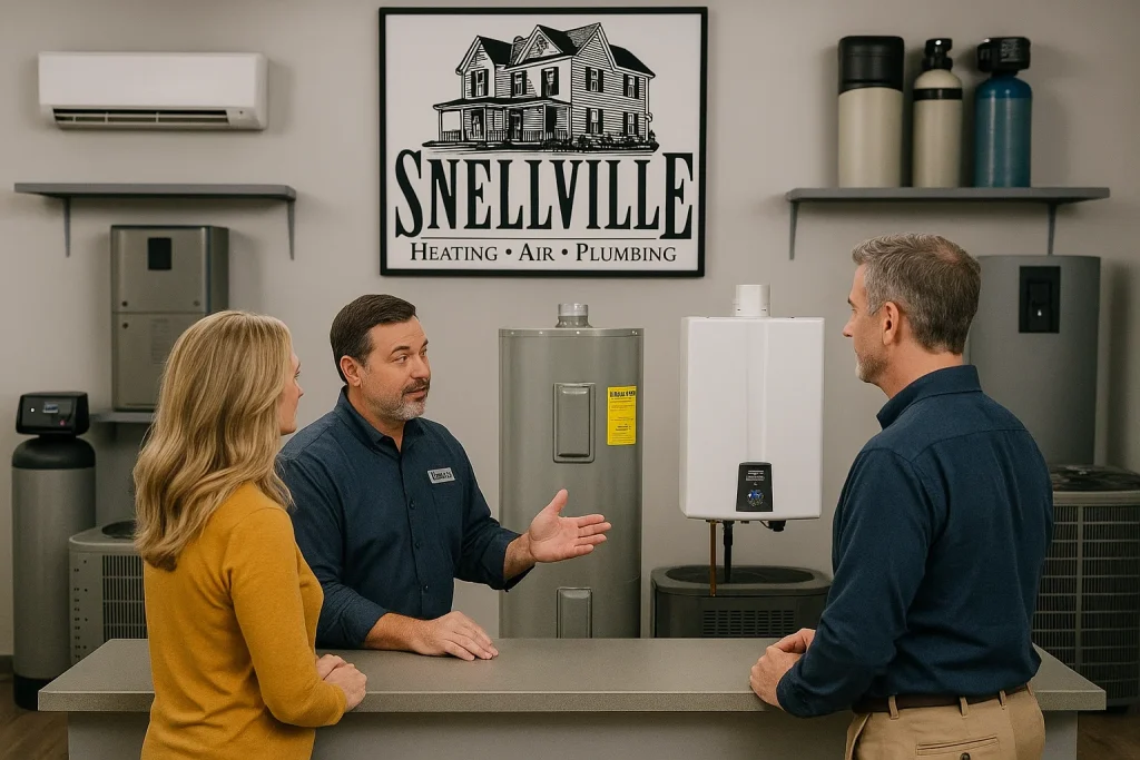 Two homeowners listening to a Snellville rep about hot water heaters.