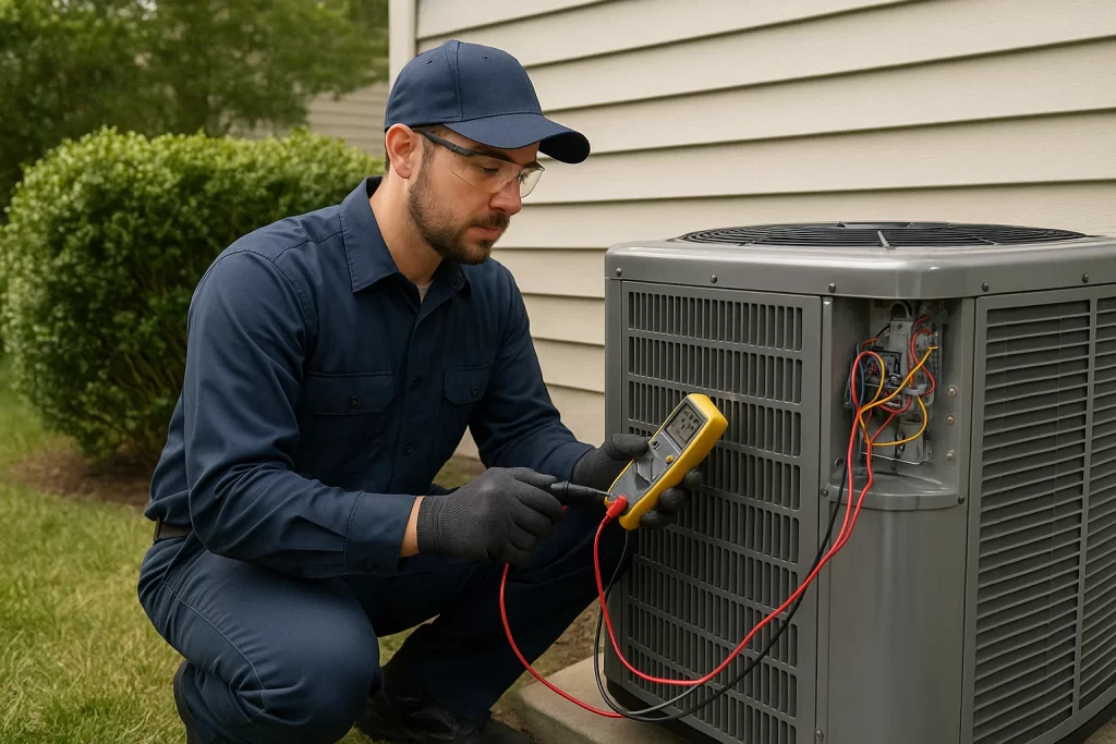 HVAC technician diagnosing AC condenser with multimeter in Virginia backyard