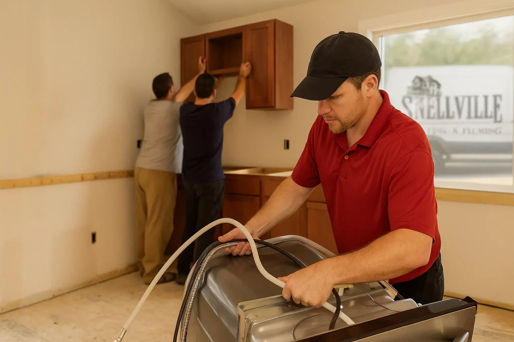 A Snellville plumber working on a new dishwasher installation.