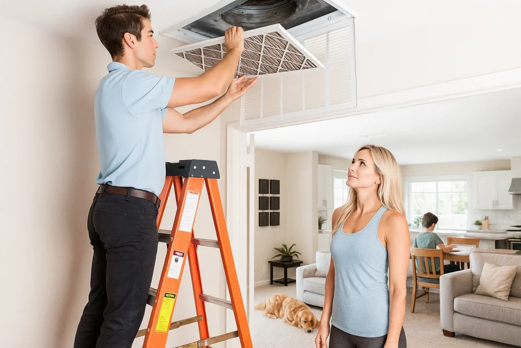 An HVAC tech changes an air filter while the homeowner watches.