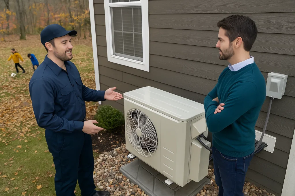 An image of a homeowner and an HVAC technician on the side of the home discussing the new heat pump that has been installed
