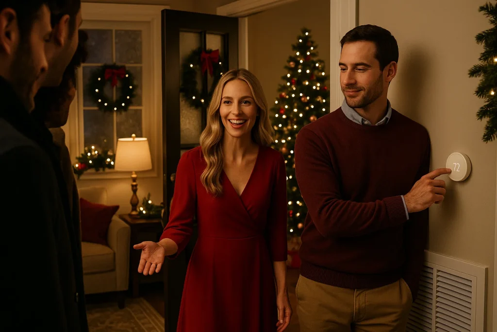 homeowner welcoming guests as husband adjust smart thermostat.