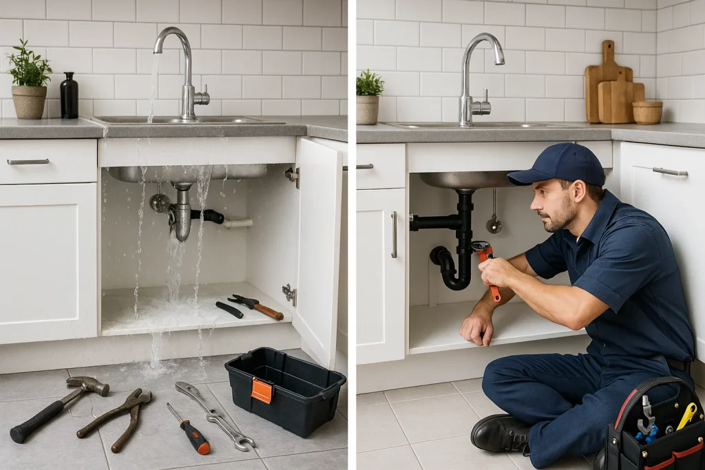 Split scene showing DIY drain attempt vs. professional plumber fixing the issue.