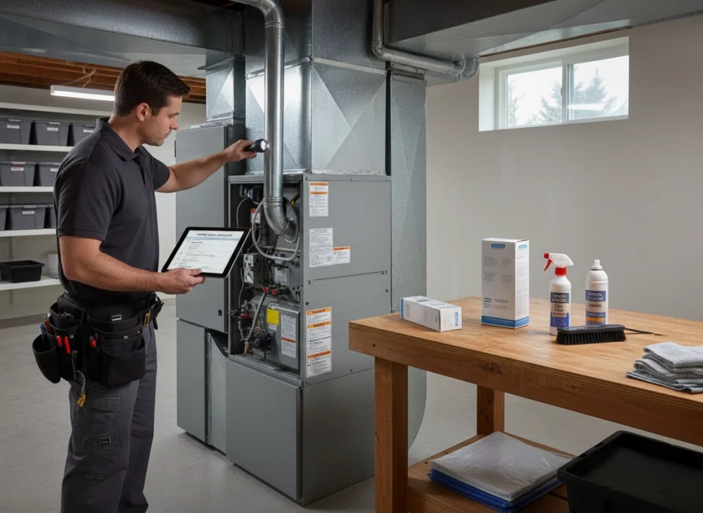 Technician inspecting furnace with winter‑checklist clipboard in basement utility room