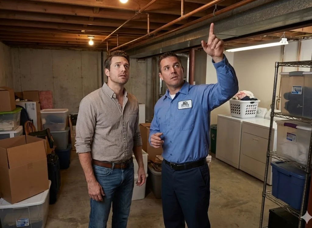 A SnellVille plumber showing a homeowner the dangers of freezing pipes in his basement.