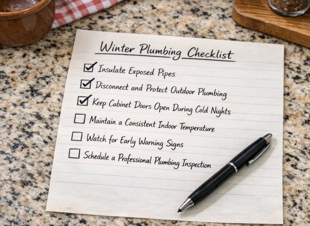 The plumbing checklist sitting on the kitchen counter with three things, checked off and three to go.
