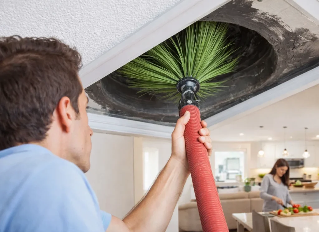 A HVAC tech cleaning a duct area.