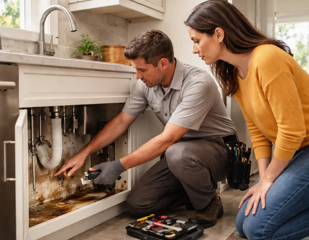 Homeowner and plumber inspecting hidden water leak under sink