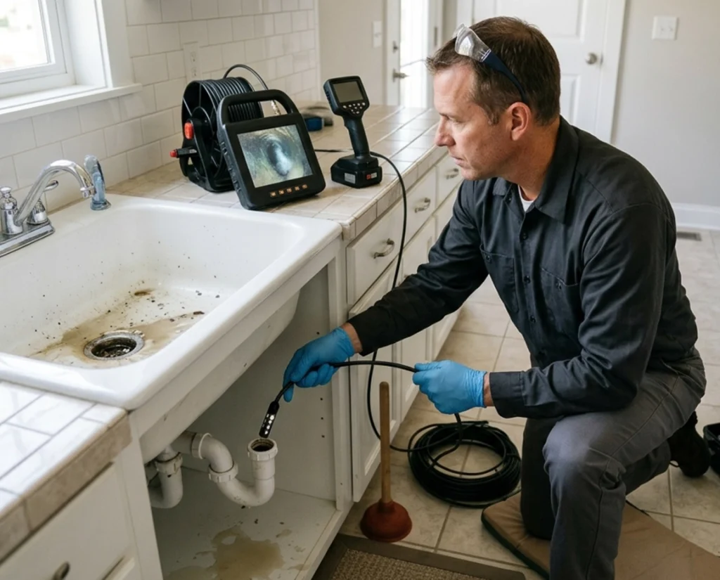 Professional plumber cleaning residential drain line in home
