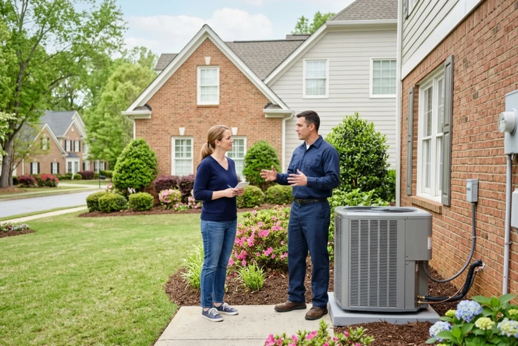 Homeowner and HVAC technician discussing AC and humidity control beside outdoor unit
